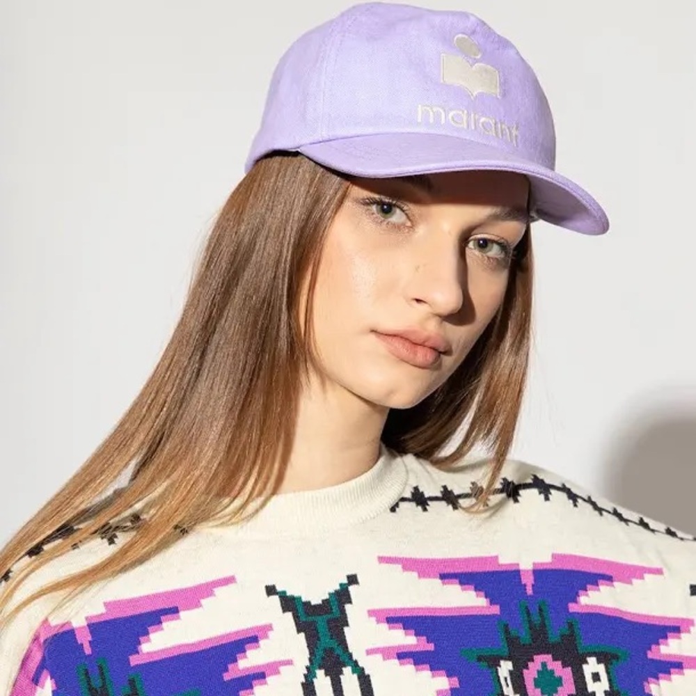 Isabel Marant Tyron Purple Lavender Denim cream embroidered hat